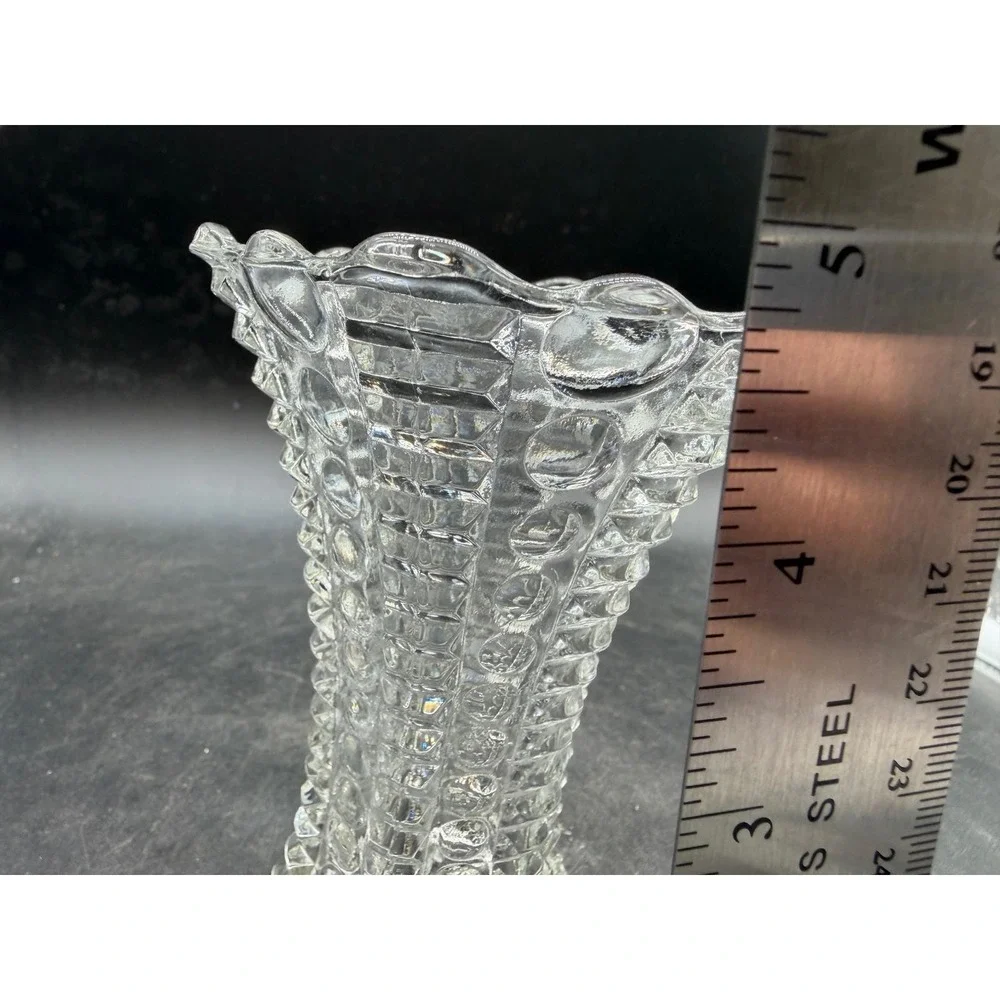 Vintage Clear Hobnail Pressed‎ Glass Vase Ruffled Rim Starburst Base 5 Inch